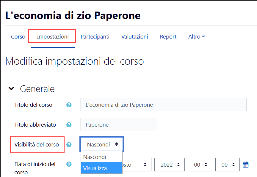 Pagina Impostazioni