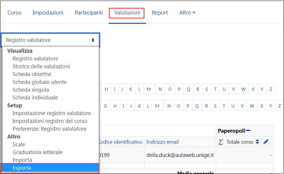esporta elenco studenti da Valutazioni