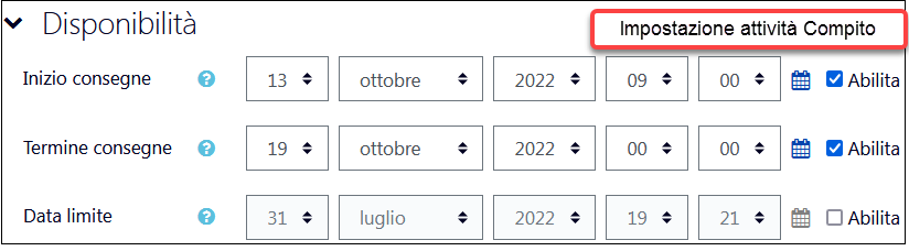 Impostazione disponibilità attività Compito