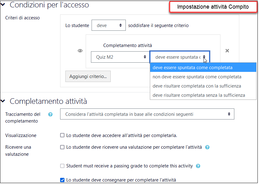 Impostazione accesso e completamento attività Compito