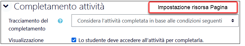 Impostazione completamento risorsa Pagina