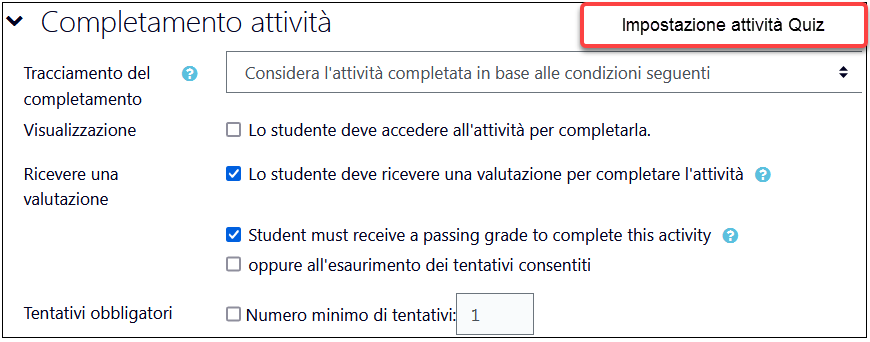 Impostazione completamento attività Quiz