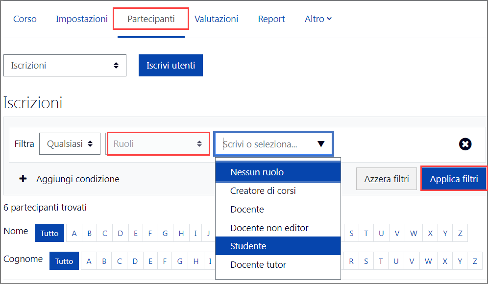 filtro su ruolo Studente